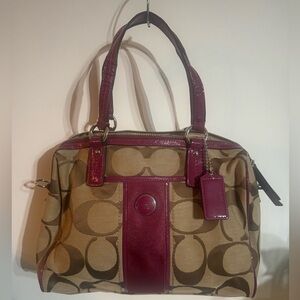 Coach Signature Khaki Brown Canvas with Burgundy/Purple Trim  Satchel